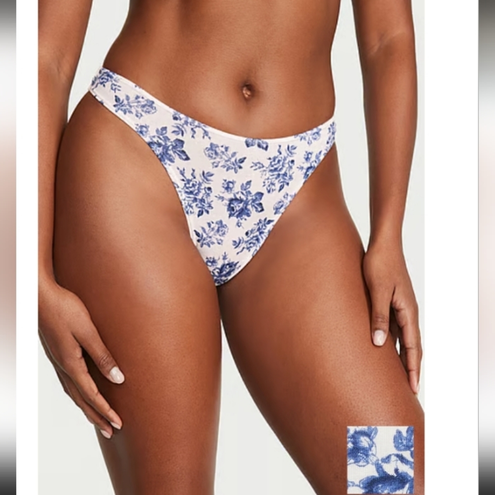 ❌ Victoria Secret- Cream & Denim Rose Floral Cotton Thong Panty-XL